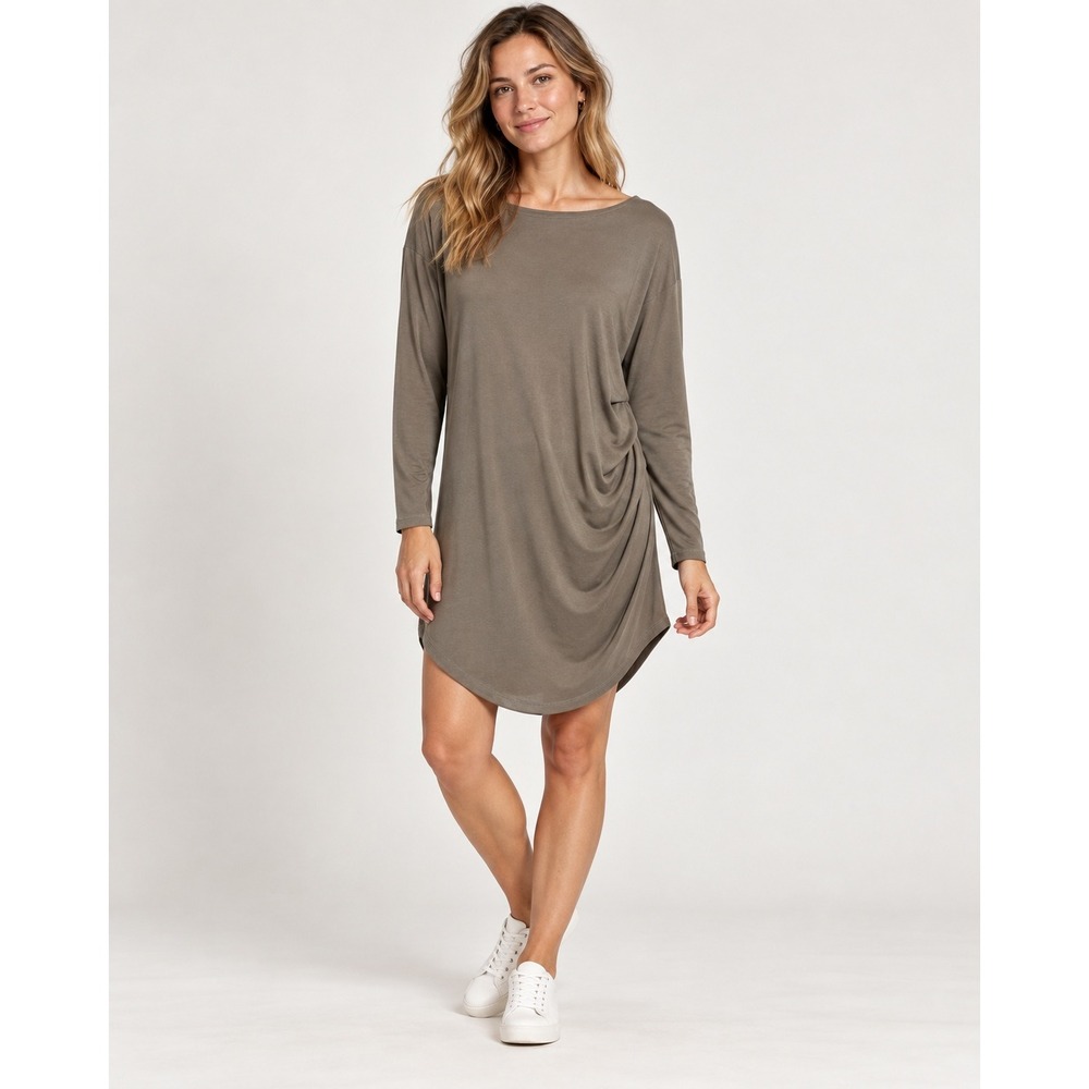 Lisa Bayne Tunic Top Womens XS Taupe Brown Ruched Side Long Sleeve Lagenlook